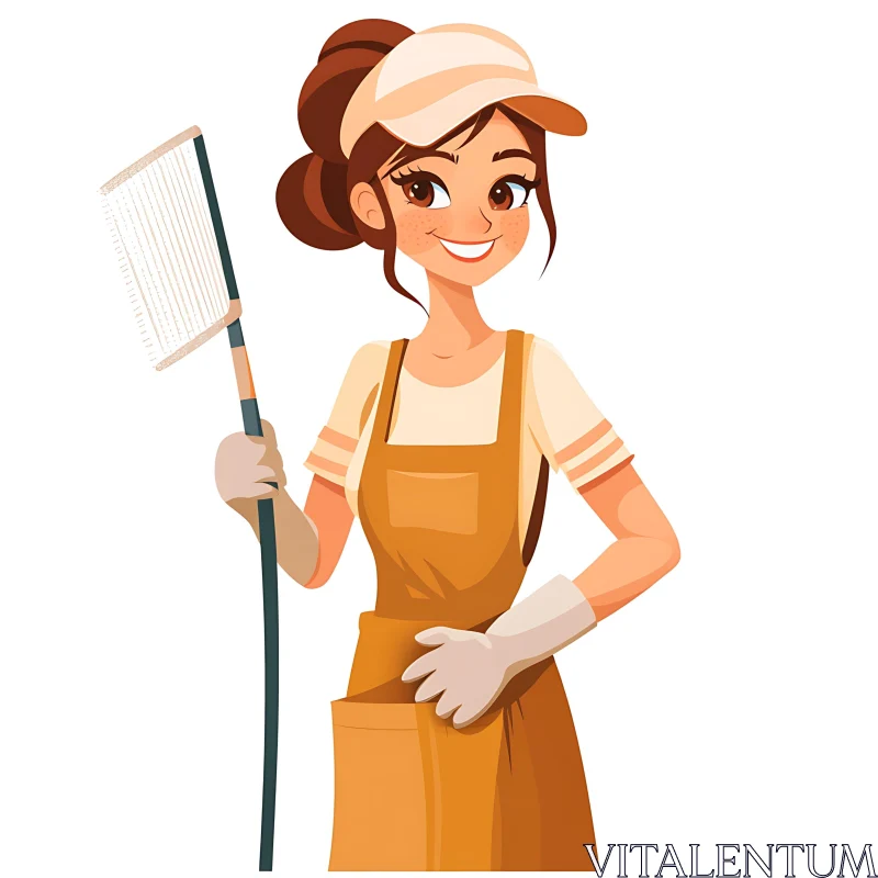 Illustration of Cleaning Lady with Broom AI Image