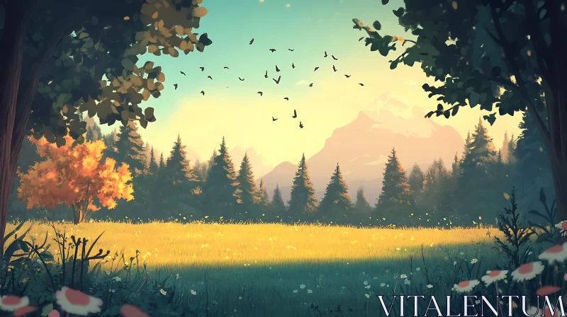 AI ART Golden Field with Mountain Backdrop