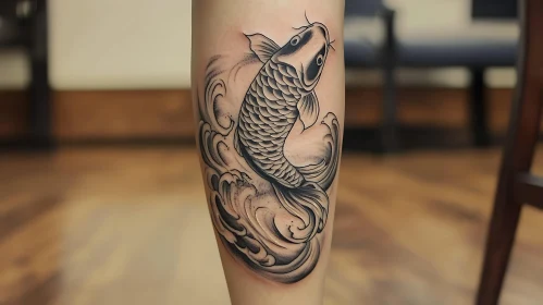 Detailed Koi Fish Tattoo with Waves