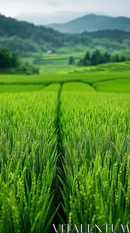 AI ART Verdant Rice Field with Misty Hills