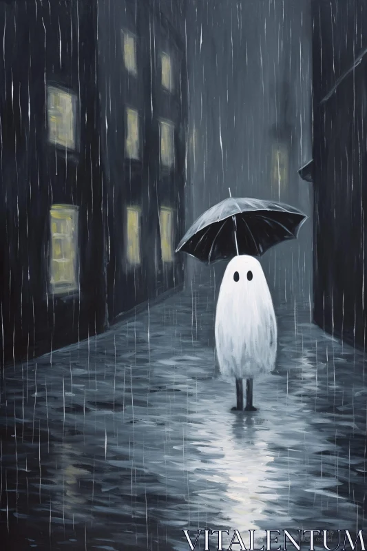 AI ART Rainy Day Ghost Under Umbrella