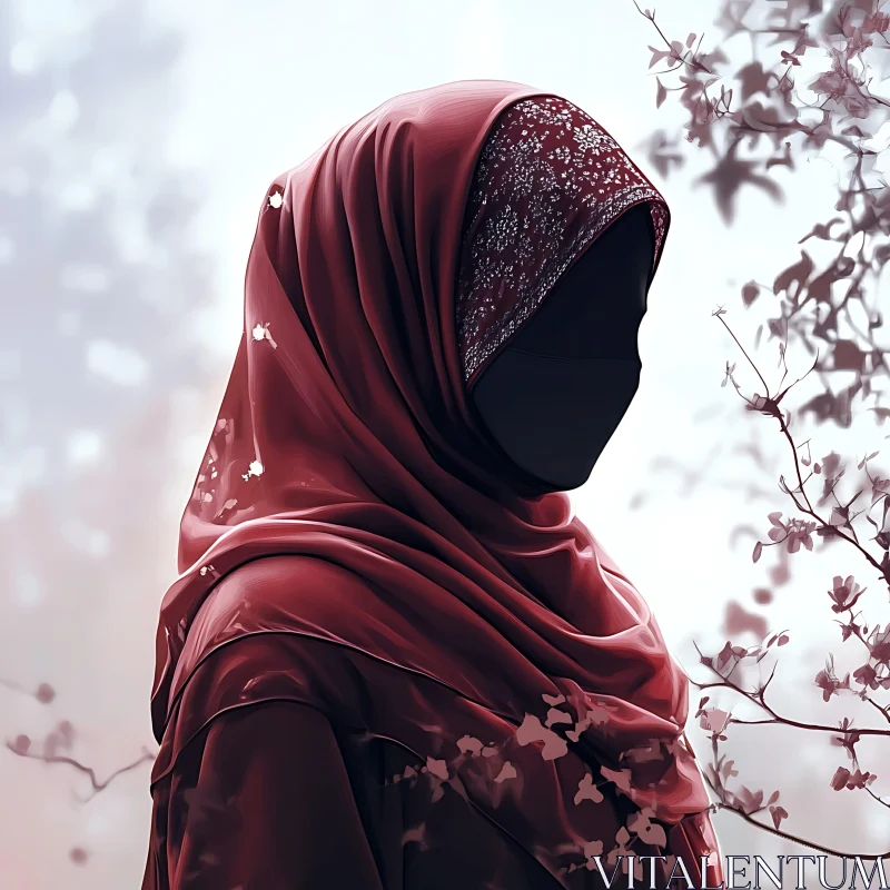 Mysterious Woman in Red Veil AI Image