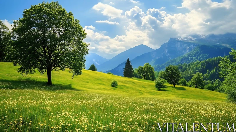 Scenic Green Meadow with Mountain Backdrop AI Image