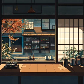 Japanese Interior with Autumnal View