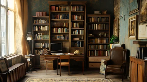 Classic Home Library with Antique Furniture