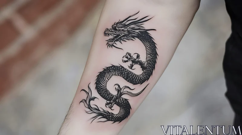 Intricate Black Ink Dragon Arm Tattoo AI Image