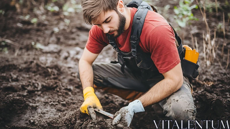 Man Working Outdoors with Soil AI Image