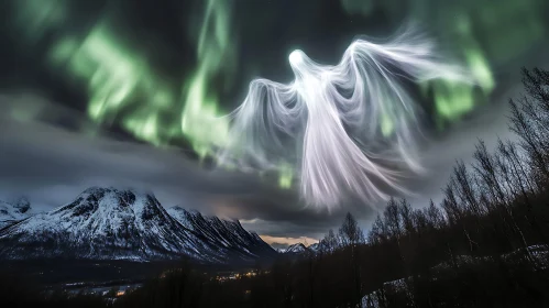 Ethereal Angel and Aurora Borealis Landscape