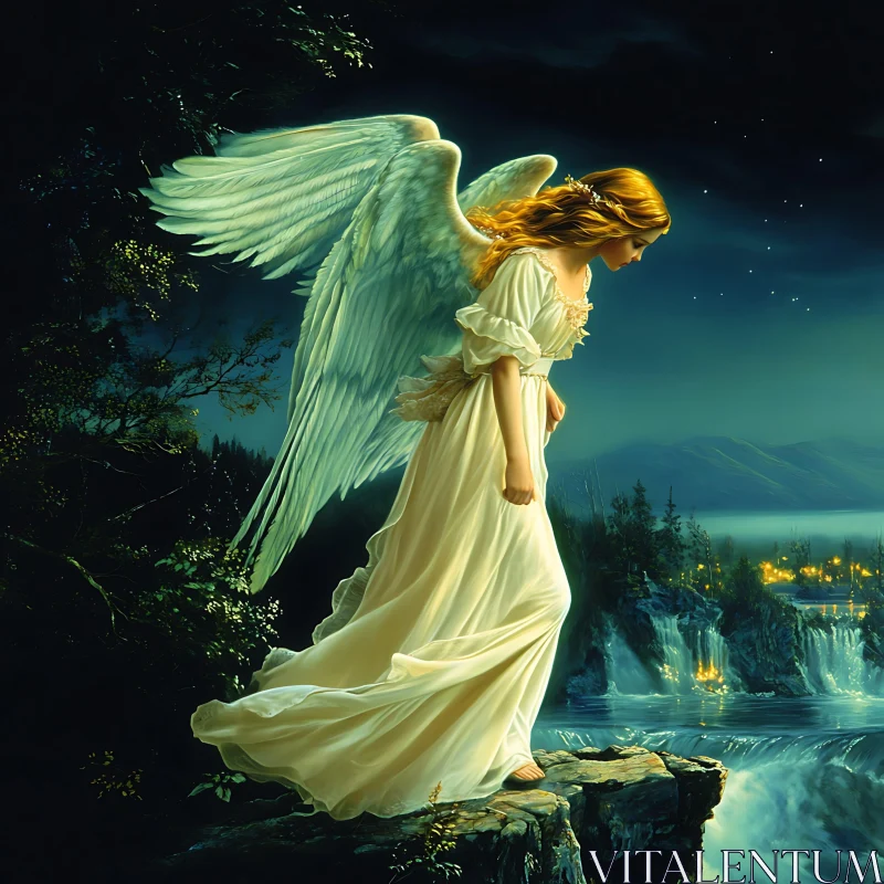 AI ART Angel at Nightfall by the Waterfall