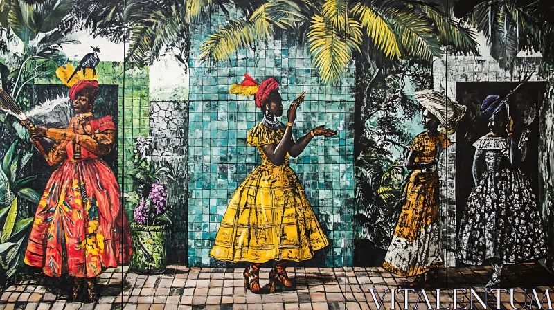 Colorful Ladies in Tropical Setting Artwork AI Image