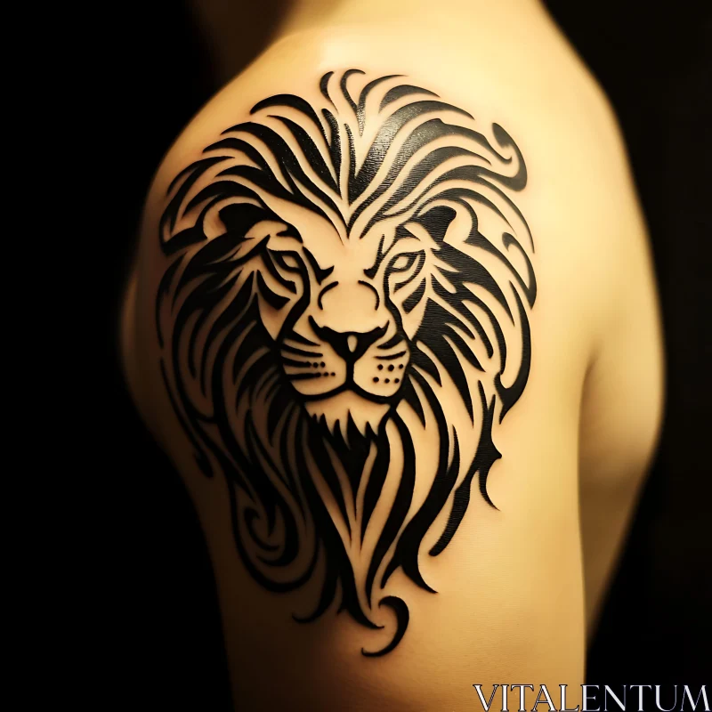 Lion Head Tattoo with Intricate Black Lines AI Image