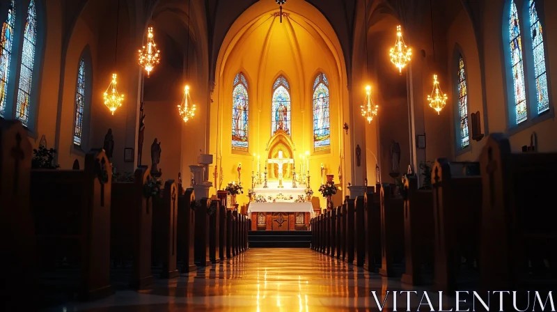 Interior of Church with Altar and Pews AI Image