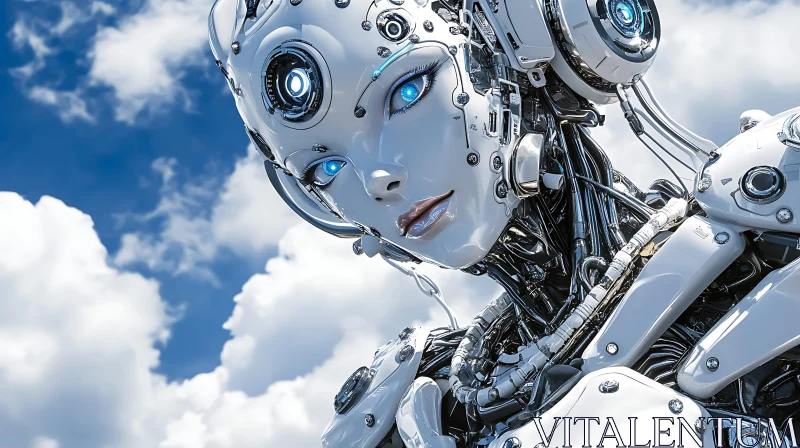 Futuristic Cyborg with Blue Eyes in the Clouds AI Image