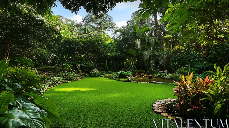 Lush Greenery and Pond View AI Image