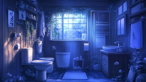 Calming Blue Bathroom Interior with Plants