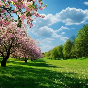 Blossoming Trees in a Green Meadow