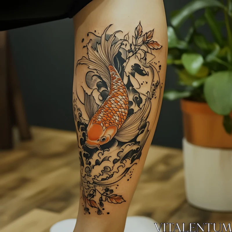 Vibrant Koi Fish Inked on Leg AI Image