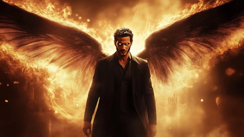 Man with Fiery Wings and Intense Gaze