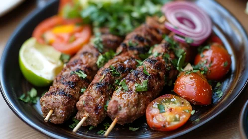 Grilled Kebabs with Fresh Vegetables on a Platter