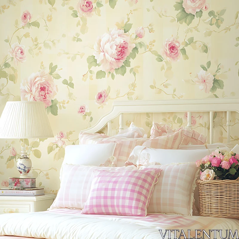 Elegant Bedroom with Floral Wallpaper and Pink Accents AI Image