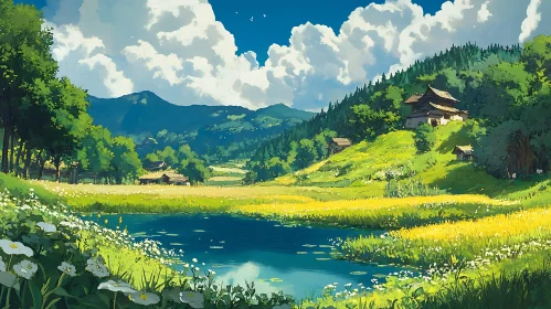 Tranquil Lake and Meadow Scene