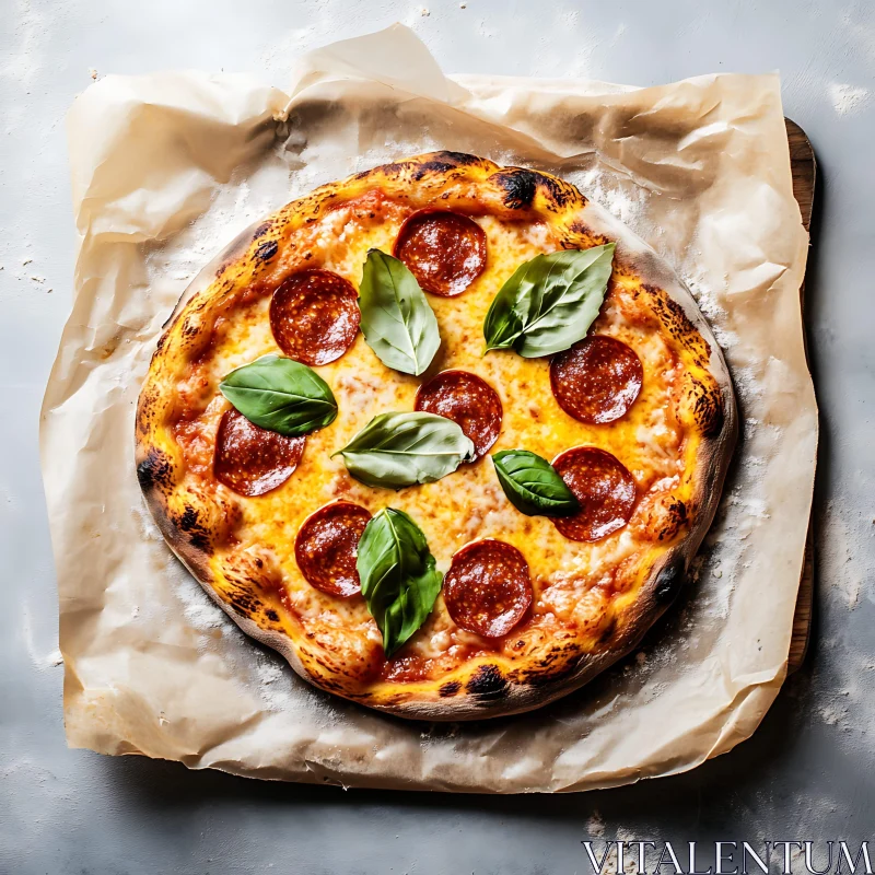 Pepperoni and Basil Pizza on Parchment Paper AI Image