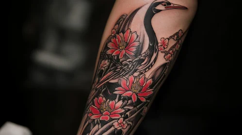 Crane and Floral Tattoo Design