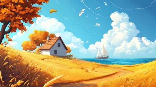 Autumnal Coastal Scenery with House and Sailboat