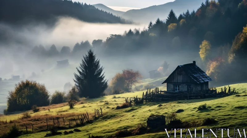 Foggy Valley House Scenery AI Image