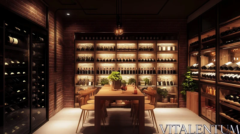 AI ART Cozy Wine Cellar with Wooden Table