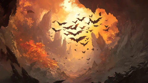 Bats Flying in Cave at Dusk