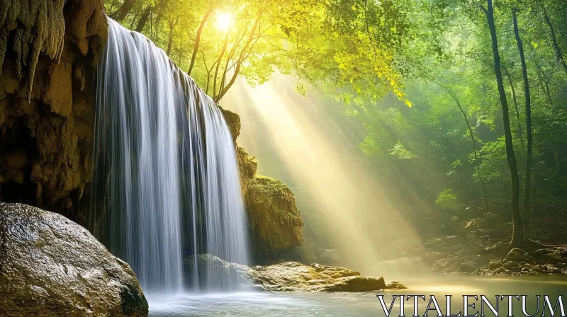 Serene Waterfall in a Sunlit Forest AI Image