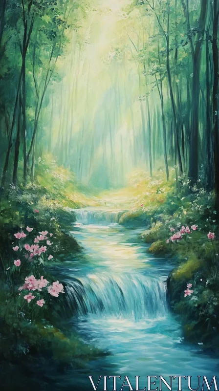 AI ART Tranquil Forest Stream with Pink Blossoms