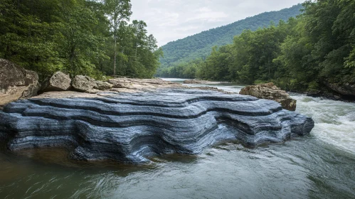 Tranquil Forest River with Unique Rock Layers