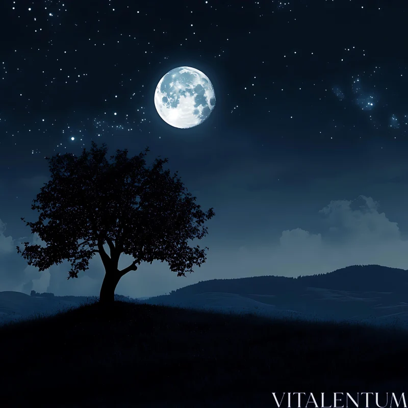 AI ART Night Scene with Tree and Moon