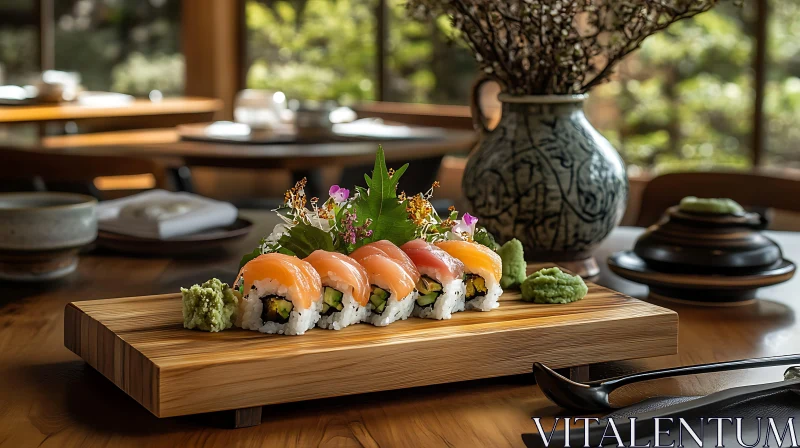 Artistic Sushi Presentation with Traditional Decor AI Image