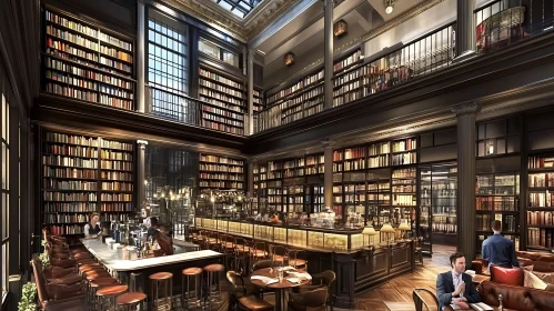 Classic Library with Bar and Patrons