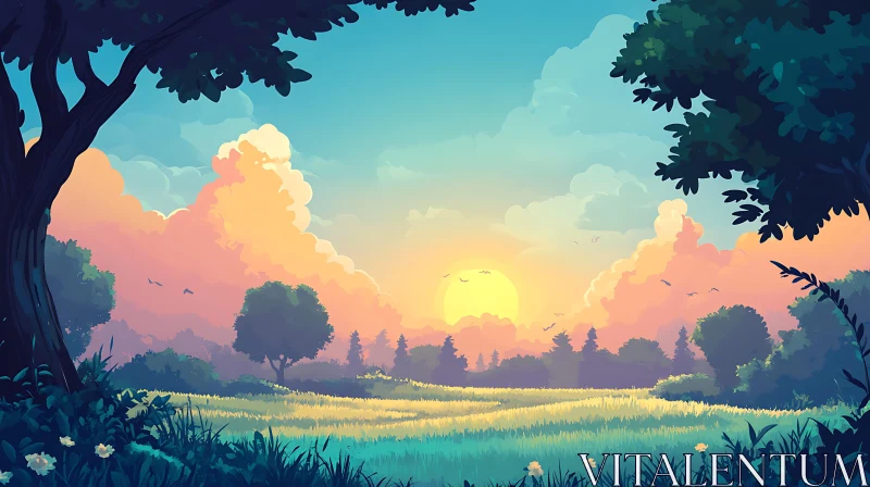 AI ART Sunset Field Landscape Illustration