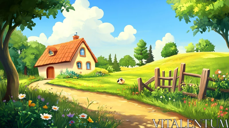 Whimsical House Landscape with Blue Sky AI Image