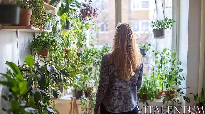 Contemplative Moment Amidst Indoor Greenery AI Image