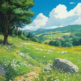 Scenic Meadow Landscape with Rolling Hills