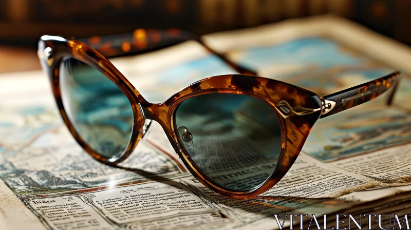 Brown Plastic Sunglasses with Blue Lenses on Old Newspapers AI Image