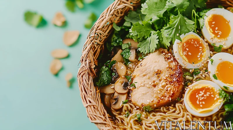 Savoury Ramen Noodles with Soft-Boiled Eggs and Fresh Herbs AI Image