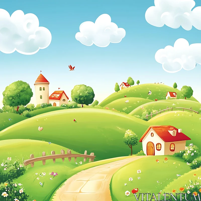 AI ART Whimsical Cartoon Landscape with Green Hills