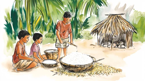 Watercolor Rice Processing Scene