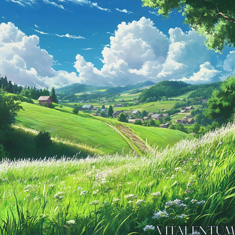 Scenic Village Meadow with Blue Sky AI Image