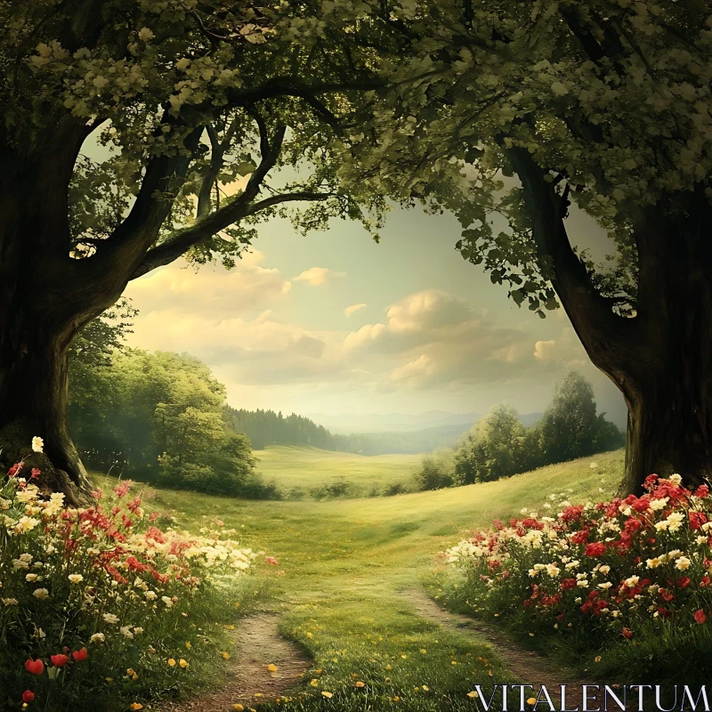 AI ART Serene Meadow Landscape with Flowers and Trees