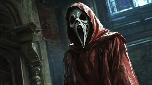 Hooded Figure with Mask in Gothic Setting