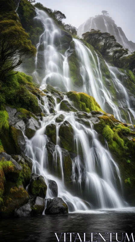 Enchanting Waterfall in a Summer Rain on a Green Mountain AI Image