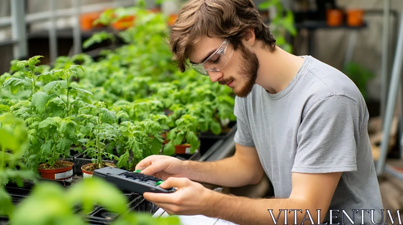 Man Calculating Among Plants in Greenhouse AI Image